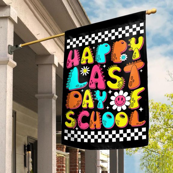 Garden Flag Last Day Of School Retro Summer Teacher Appreciation Porch Decor, 12x18 POLE NOT INCLUDED
