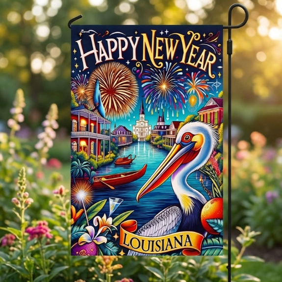 Garden Flag Louisiana Happy New Year Pelican, Seasonal State Pride, 12x18 POLE NOT INCLUDED