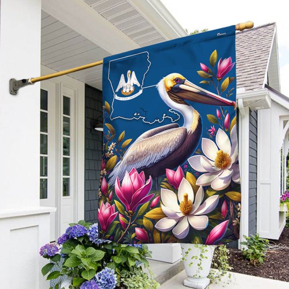 Garden Flag Louisiana State Brown Pelican Bird and Magnolia Flower, State Symbol, 12x18 POLE NOT INCLUDED