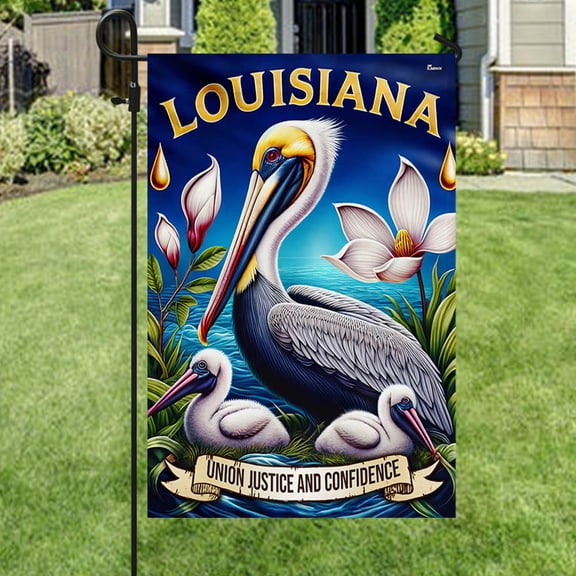 Garden Flag Louisiana State Union Justice and Confidence Brown Pelican Bird, State Symbol, 12x18 POLE NOT INCLUDED