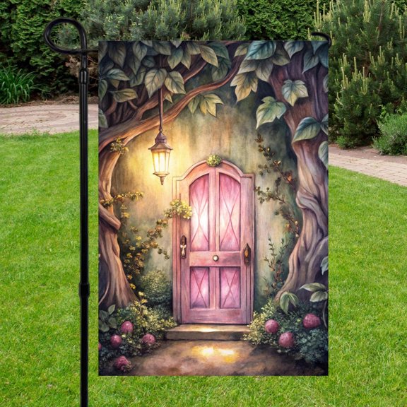 Garden Flag Magical Pink Fairy Door Flag Lantern Forest Outdoor Decoration, 12x18 POLE NOT INCLUDED