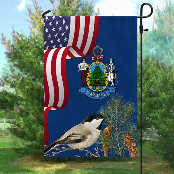 Garden Flag Maine State Chickadee Bird and Pine Cone, Pine Tree State, 12x18 POLE NOT INCLUDED