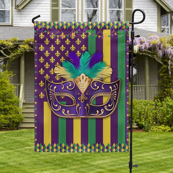 Garden Flag Mardi Gras Fleur De Lis and Masquerade Mask On American, Carnival, 12x18 POLE NOT INCLUDED
