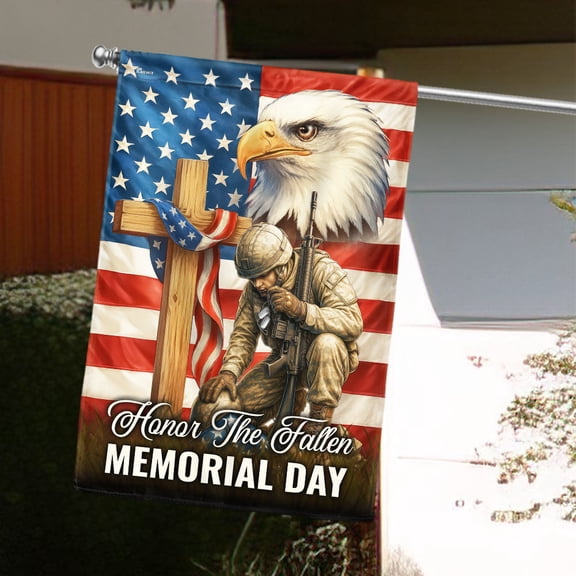 Garden Flag Memorial Day Honor The Fallen Kneeling On American Soldier Cross Veteran, Military, 12x18 POLE NOT INCLUDED