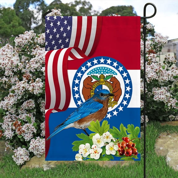 Garden Flag Missouri State Bluebird and White Hawthorn Flower, State Symbol, 12x18 POLE NOT INCLUDED