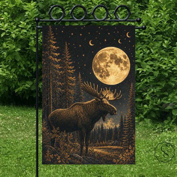 Garden Flag Moose Moonlit Pine Forest Yard Display for Rustic Outdoor Decor