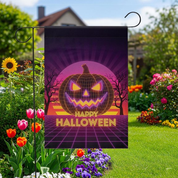 Garden Flag Neon Pumpkin Flag Retro Seasonal Outdoor Decoration, 12x18 POLE NOT INCLUDED