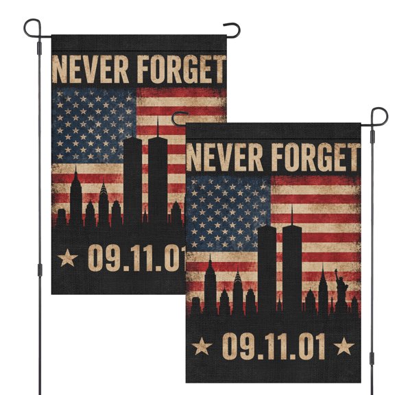 Garden Flag, Never Forget September 11 American Flag and City Skyline Design, 12" x 18" Vertical Yard Banner for Front Porch Patio Lawn and Outdoor Home Decoration, Remembrance Yard Decor