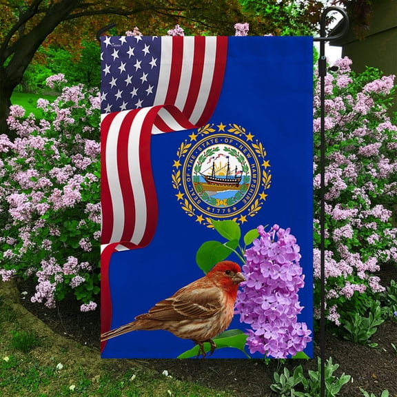 Garden Flag New Hampshire State Purple Lilac Flower and Purple Finch Bird, Granite State, 12x18 POLE NOT INCLUDED
