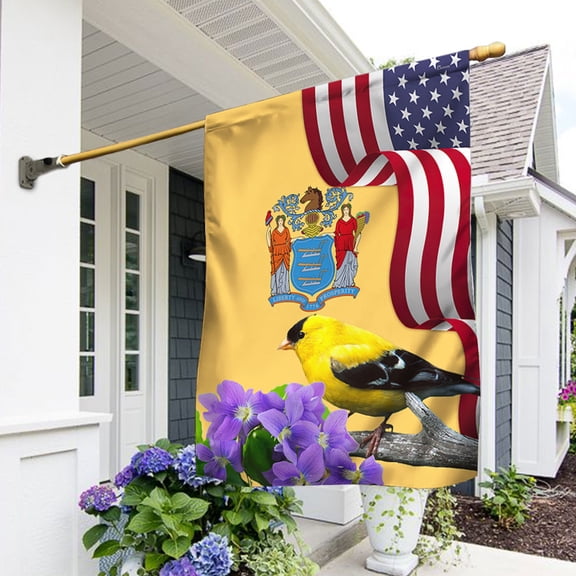 Garden Flag New Jersey State Eastern Goldfinch Bird and Purple Violet Flower, Garden State Pride, 12x18 POLE NOT INCLUDED