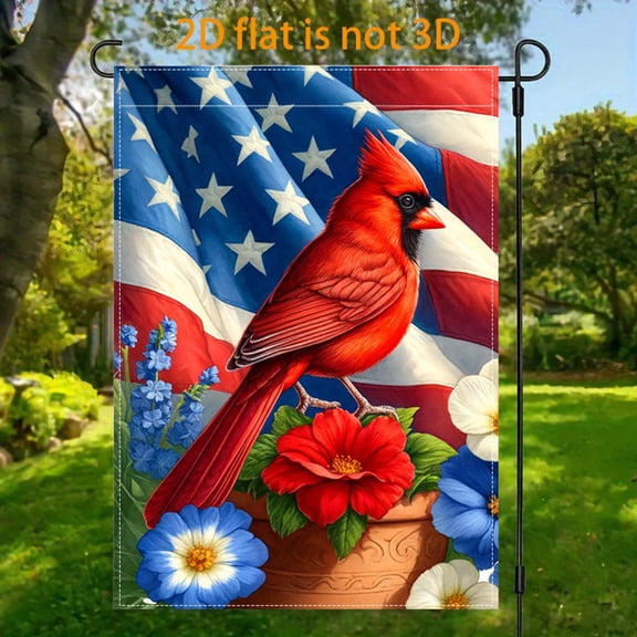 Garden Flag This North American Cardinal Patriot Garden Flag measures 12x18 inches and features a double-sided 2D design, making it a dignified yet vibrant patriotic bird garden flag. It's perfect fo