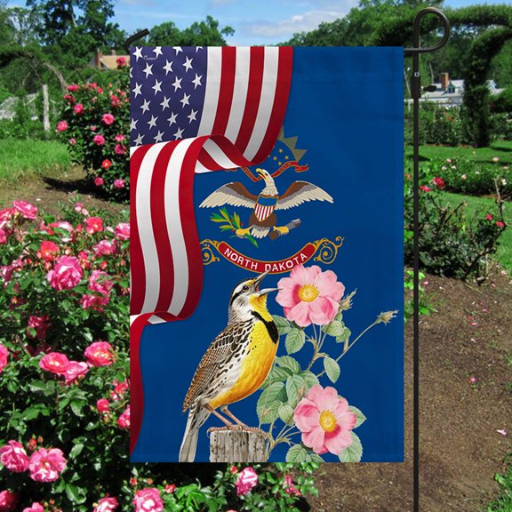 Garden Flag North Dakota Meadowlark Bird and Prairie Rose Flower, Peace Garden State, 12x18 POLE NOT INCLUDED