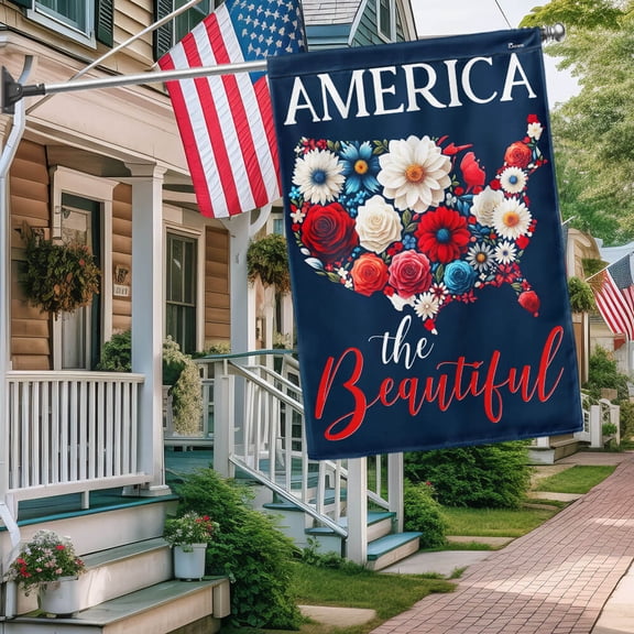 Garden Flag On American America The Beautiful Floral USA Map 4th Of july, Patriot, 12x18 POLE NOT INCLUDED
