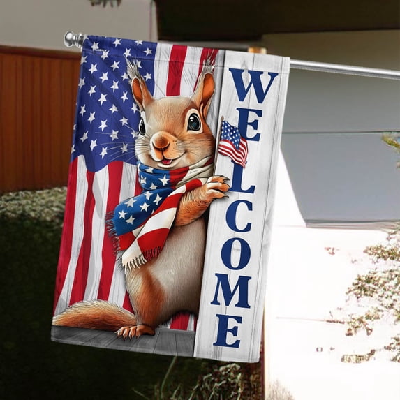 Garden Flag On American Patriot 4th of July Squirrel Welcome, Whimsical Holiday, 12x18 POLE NOT INCLUDED