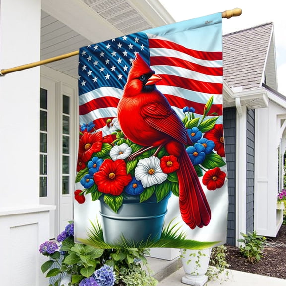 Garden Flag On American Patriotic Cardinal Floral 4th of july, Holiday, 12x18 POLE NOT INCLUDED