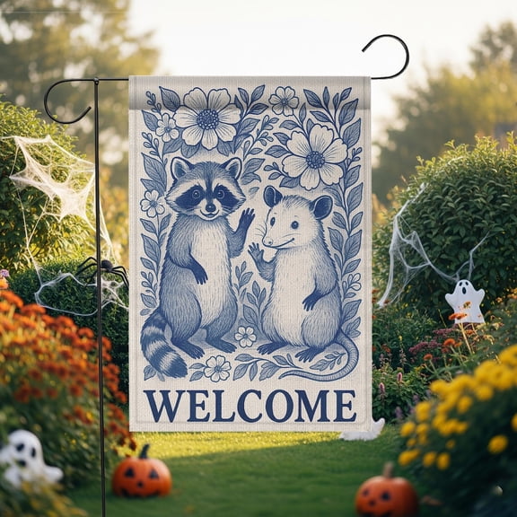 Garden Flag Opossum Welcome Whimsical Woodland V142, 12x18 POLE NOT INCLUDED