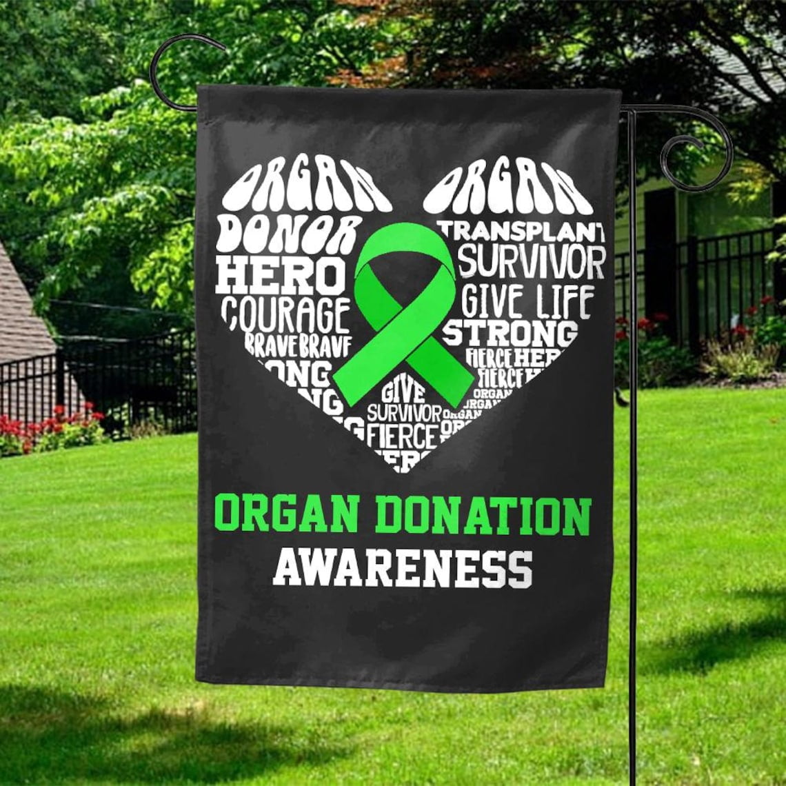 Garden Flag Organ Donation Heart Green Ribbon Saves Lives Outdoor Decoration, 12x18 POLE NOT INCLUDED