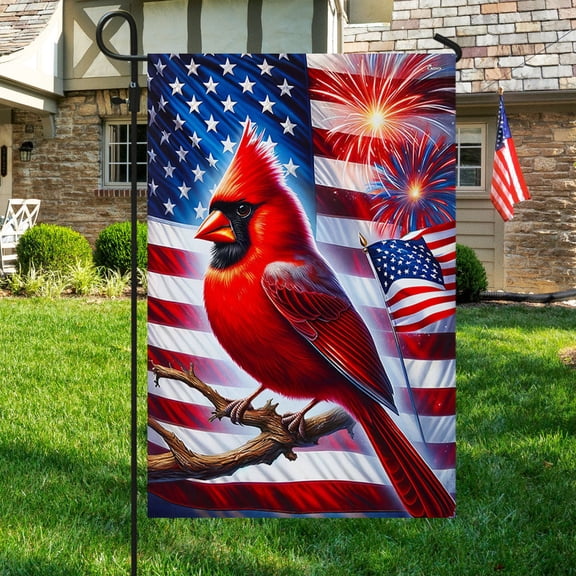 Garden Flag Patriotic Cardinal On American, Bird Lover, 12x18 POLE NOT INCLUDED