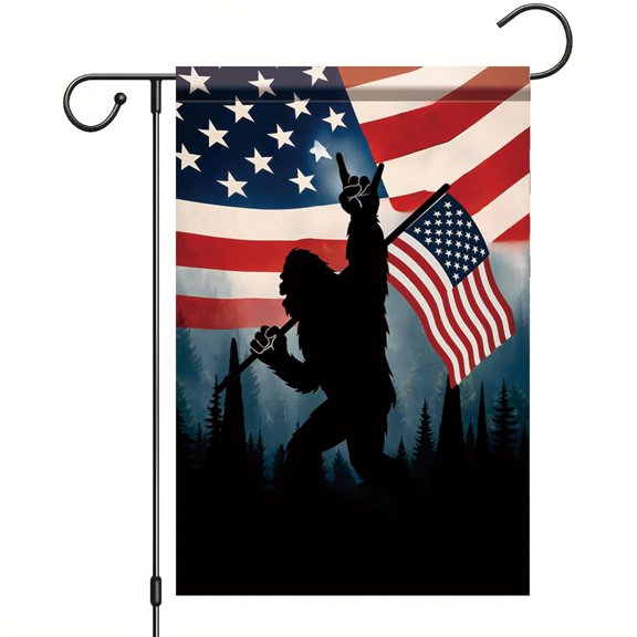 Garden Flag Patriotic Sasquatch Flag Blue Background Holding USA Flag Independence Day Outdoor Decor, 12x18 POLE NOT INCLUDED