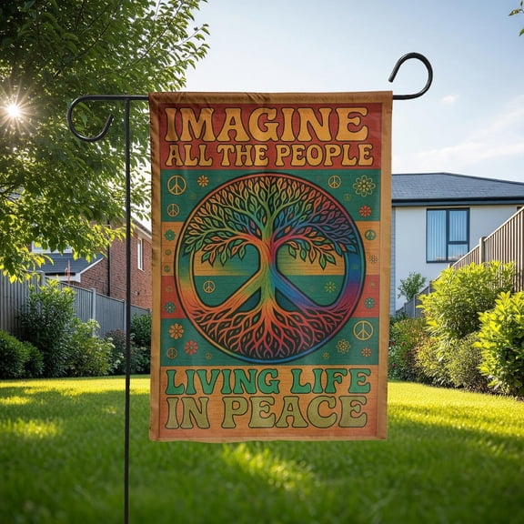 Garden Flag Peace Tree Hippie Retro Imagine Quote V9, 12x18 POLE NOT INCLUDED