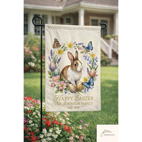 Garden Flag Personalized Flag Bunny Floral Custom Family Name Decor V485, 12x18 POLE NOT INCLUDED