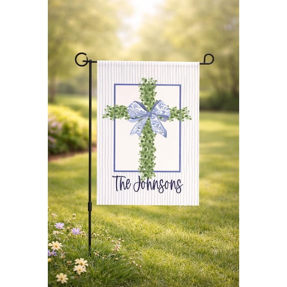 Garden Flag Personalized Flag Custom Family Name Cross Decor Blue Bow Christian Farmhouse Spring Outdoor V41, 12x18 POLE NOT INCLUDED