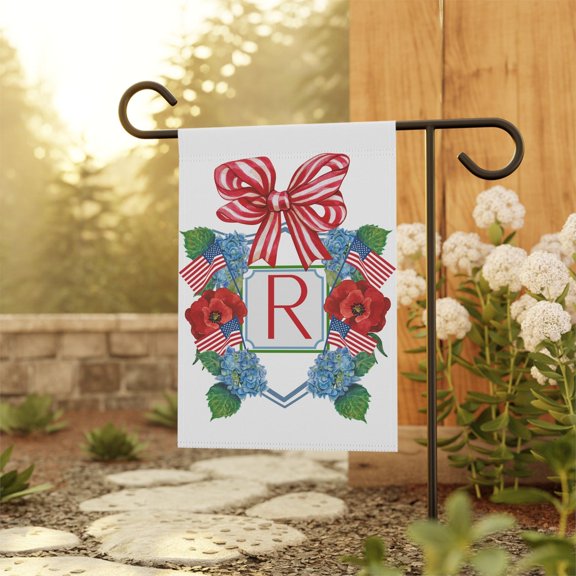 Garden Flag Personalized Flag Hydrangea Preppy Bow Initial Sign V290, 12x18 POLE NOT INCLUDED
