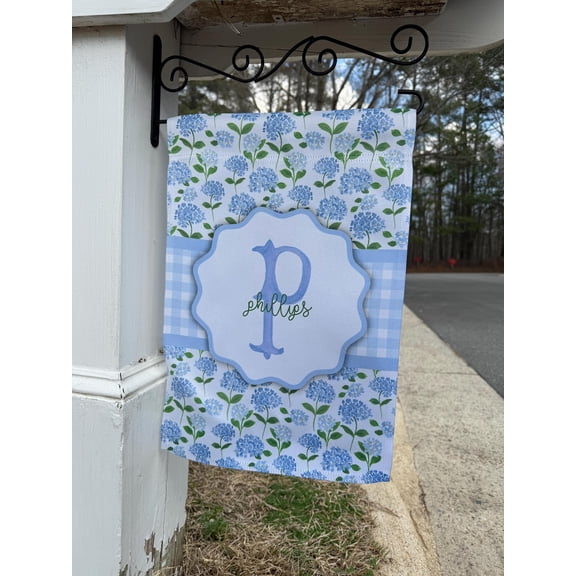 Garden Flag Personalized Hydrangea Flag Custom Name Spring Summer Blue Gingham Preppy Floral Monogram Porch Flag V31, 12x18 POLE NOT INCLUDED