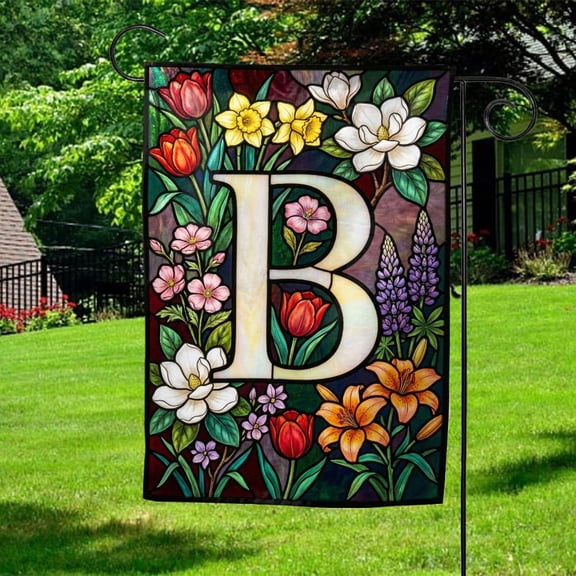 Garden Flag Personalized Initial Flag Custom Initial Spring Faux Stained Glass Outdoor Decor V318, 12x18 POLE NOT INCLUDED