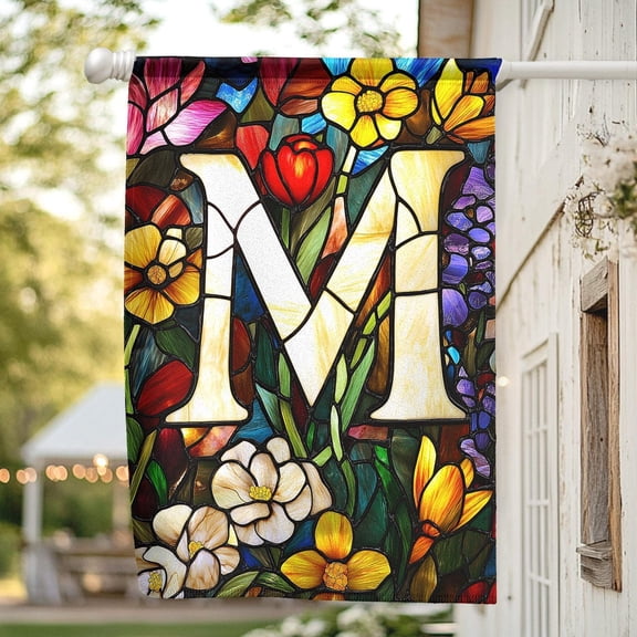 Garden Flag Personalized Initial Flag Custom Initial Spring Monogram Faux Stained Glass Outdoor Decoration V19, 12x18 POLE NOT INCLUDED