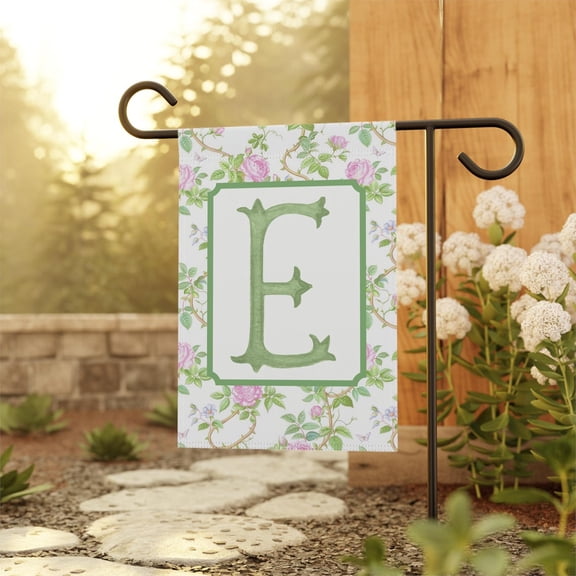 Garden Flag Personalized Monogram Flag Pink Green Floral Scalloped Edges Grandmillennial Preppy V115, 12x18 POLE NOT INCLUDED