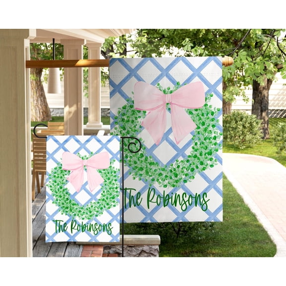 Garden Flag Personalized Mothers Day Flag Pink Bow Wreath Custom Family Name Preppy Spring Porch Floral V51, 12x18 POLE NOT INCLUDED