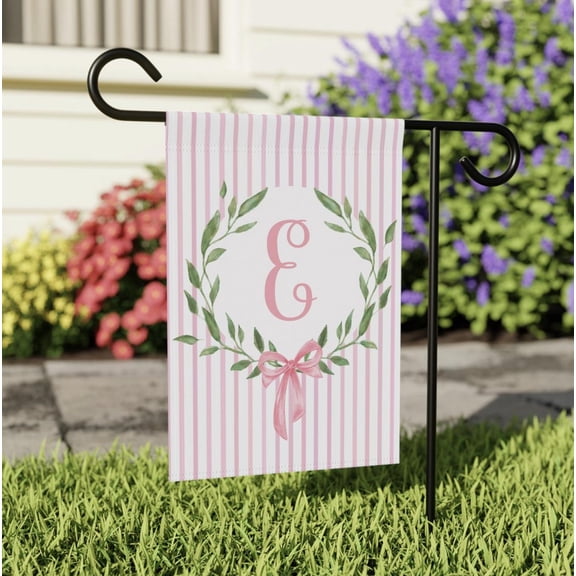 Garden Flag Personalized Pink Stripe Crest Flag Floral Preppy Coquette Initial Grandmillennial Porch V260, 12x18 POLE NOT INCLUDED
