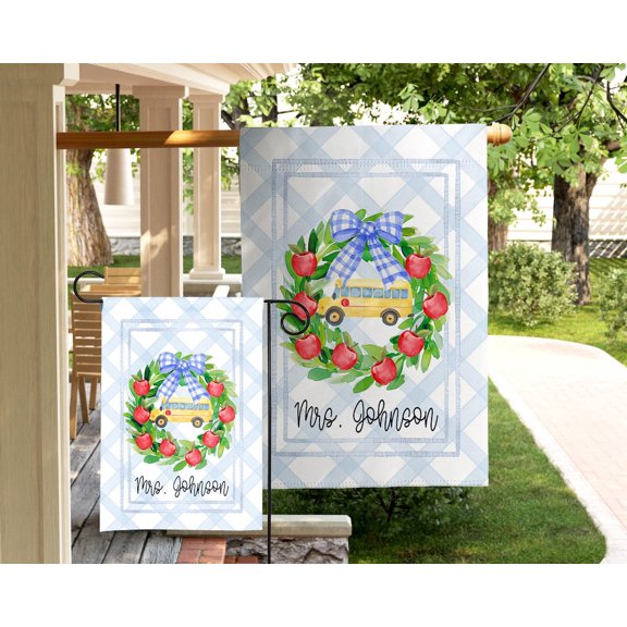 Garden Flag Personalized Teacher Flag Apple Wreath School Bus Classroom Banner We Love Teachers Back to School V160, 12x18 POLE NOT INCLUDED