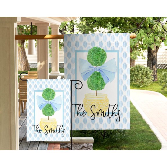 Garden Flag Personalized Topiary Flag Custom Family Name Preppy Spring Porch Blue Bow Floral Classic V55, 12x18 POLE NOT INCLUDED
