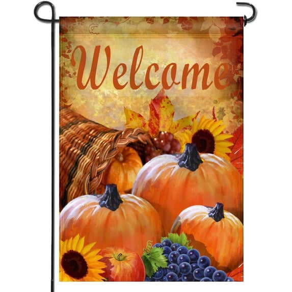 Garden Flag Pumpkin in Cornucopia - Decorative Autumn Welcome Garden Flags - Double Sided & Weather Resistant & Double Stitched - 18 x 12.5 Inch