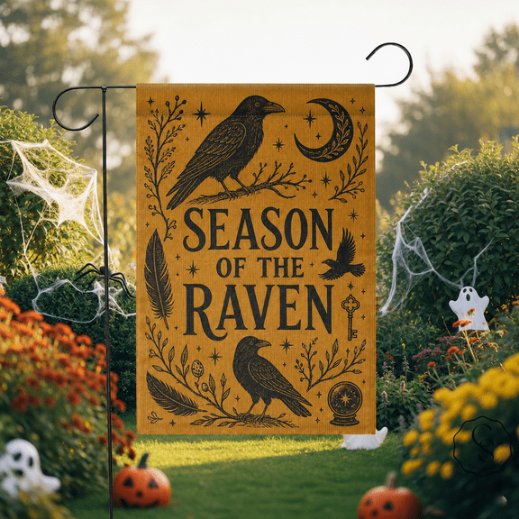 Garden Flag Raven and Crescent Moon Fabric Yard Accent for Gothic Fall Porch Decor
