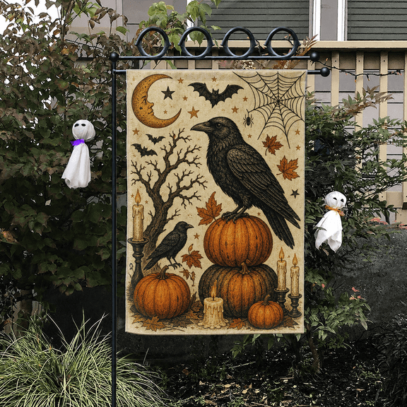 Garden Flag Raven and Pumpkin Vintage Gothic Outdoor Yard Decor for Halloween