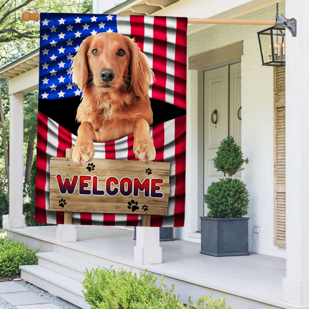 Garden Flag Red Golden Retriever Dog Welcome On American, Pet Lover, 12x18 POLE NOT INCLUDED