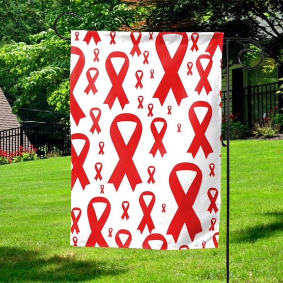 Garden Flag Red Ribbon Heart Disease Awareness Month Warrior Support Porch Decor, 12x18 POLE NOT INCLUDED