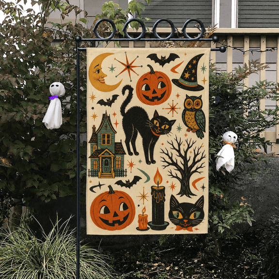 Garden Flag Retro Halloween Black Cat and Pumpkin for Yard Porch Halloween Lovers