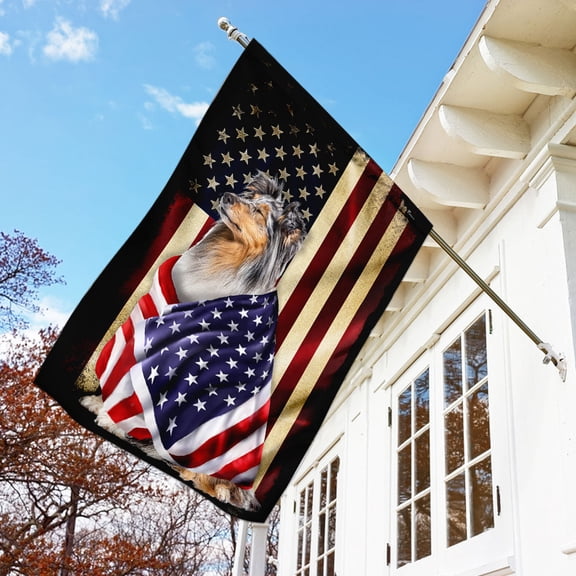 Garden Flag Sheltie On American Patriot, Herding Dog, 12x18 POLE NOT INCLUDED