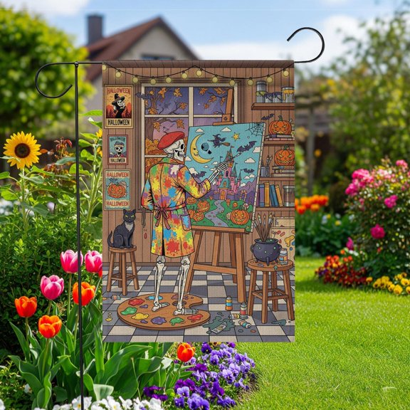 Garden Flag Skeleton Artist Flag Autumn Spooky Seasonal Outdoor Decoration, 12x18 POLE NOT INCLUDED