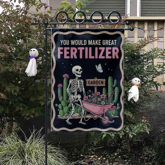 Garden Flag Skeleton Fertilizer Flag Spooky Seasonal Outdoor Decoration, 12x18 POLE NOT INCLUDED