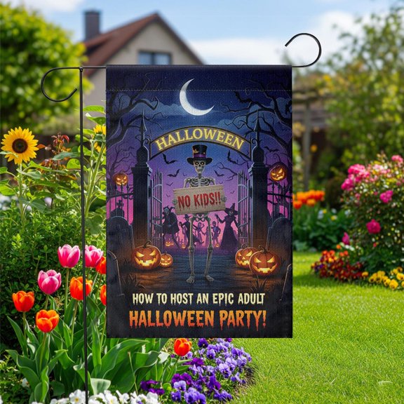 Garden Flag Skeleton Party Flag Spooky Seasonal Outdoor Decoration, 12x18 POLE NOT INCLUDED