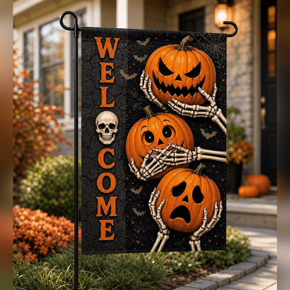 Garden Flag Skeleton Pumpkin Halloween Welcome Porch Decor for Outdoor Entryway