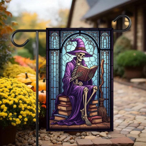 Garden Flag Skeleton Witch Flag Book Lover Gothic Outdoor Decoration, 12x18 POLE NOT INCLUDED
