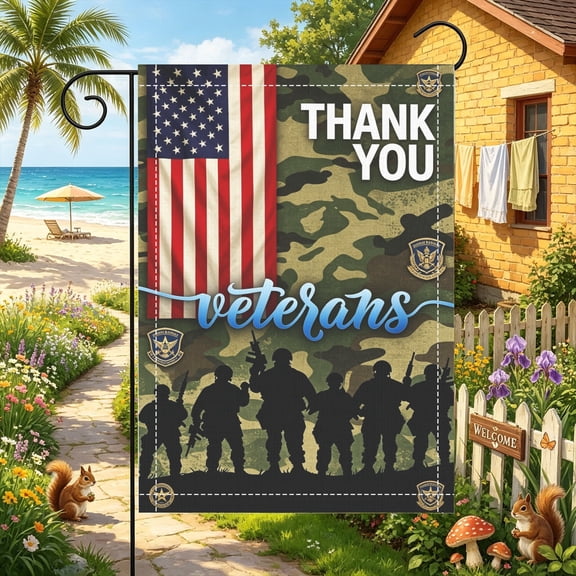 Garden Flag, Soldier Silhouette Emblem Thank You Veterans Pattern,12x18 Inch,Double Sided Printed,Veterans Day Front Porch Decor,No Flagpole
