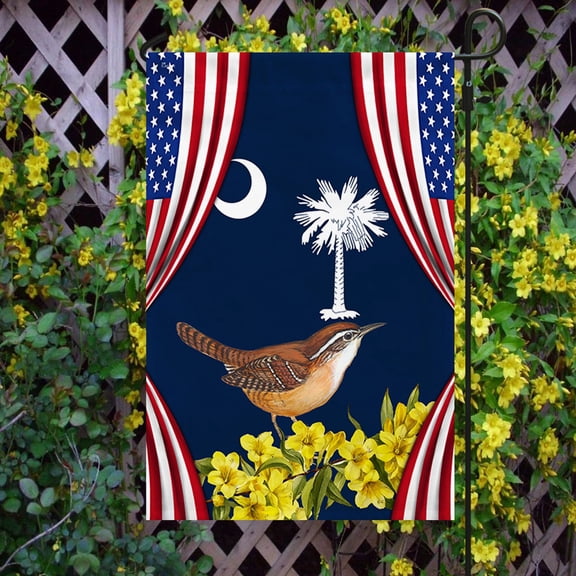 Garden Flag South Carolina Yellow Jessamine Flower and Carolina Wren Bird On American, Palmetto Pride, 12x18 POLE NOT INCLUDED