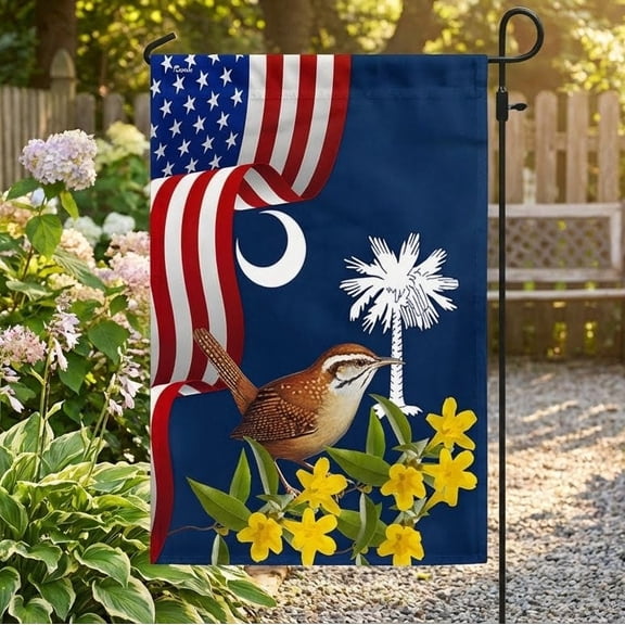 Garden Flag South Carolina Yellow Jessamine Flower and Carolina Wren Bird, State Pride, 12x18 POLE NOT INCLUDED